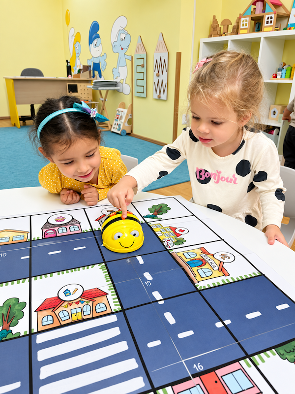 Deti programujú robotickú včielku Bee-Bot na mape mesta v súkromnej materskej škole Zdravé dieťa v Košiciach